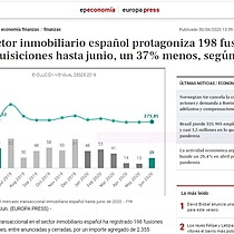 El sector inmobiliario espaol protagoniza 198 fusiones y adquisiciones hasta junio, un 37% menos, segn TTR